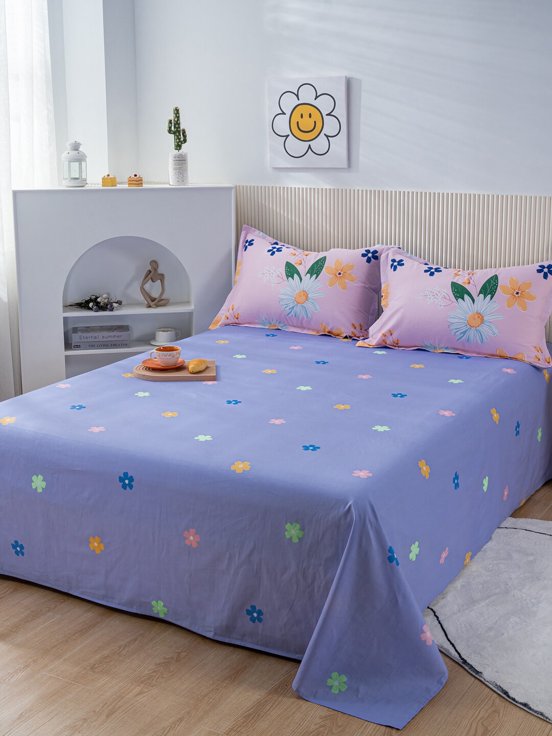 

JC HOME Blue & Pink Floral Printed Cotton Double Queen Bedding Set