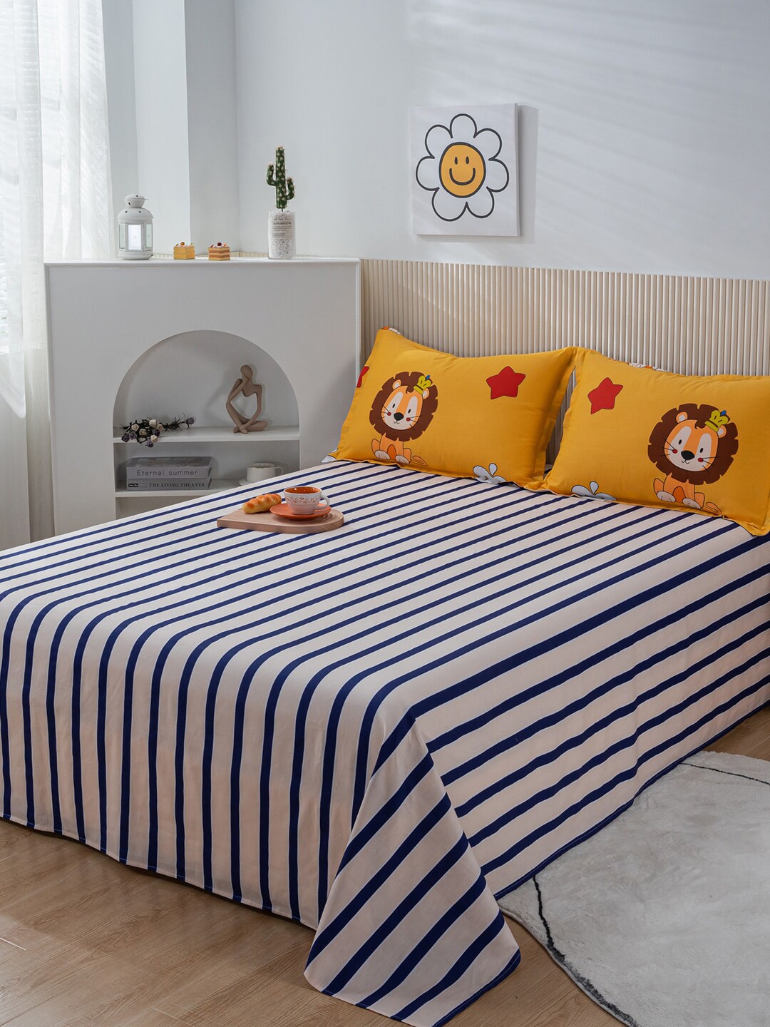 

JC HOME Yellow & Blue Striped Pure Cotton Double King Bedding Set