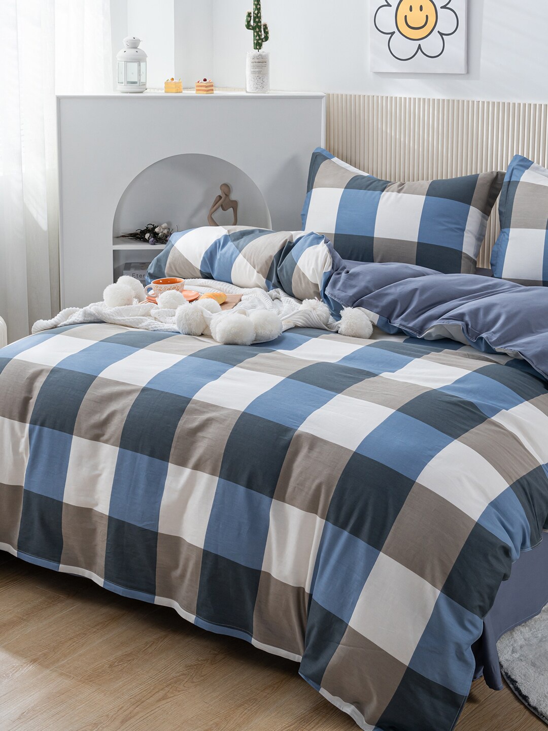 

JC HOME Blue Checked Pure Cotton Double Queen Bedding Set