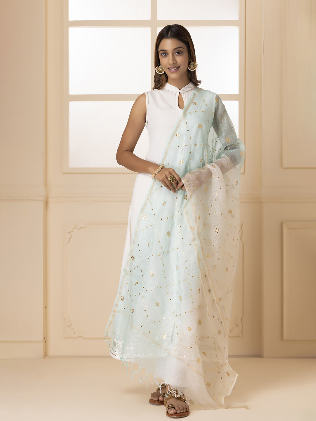 

Geroo Jaipur Shaded Hand Embroidered Gota Jaal Pure Kota Silk Dupatta, Off white
