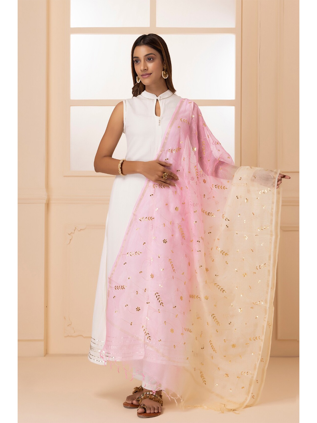 

Geroo Jaipur Shaded Hand Embroidered Gota Patti Pure Kota Silk Dupatta, Off white