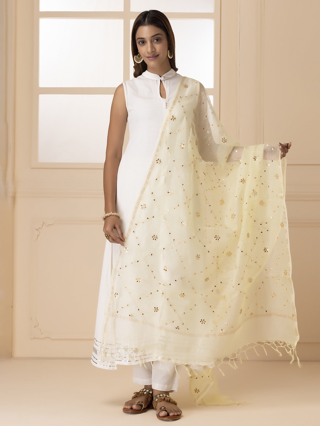 

Geroo Jaipur Embroidered Pure Kota Silk Dupatta with Gotta Jaal Work, Yellow