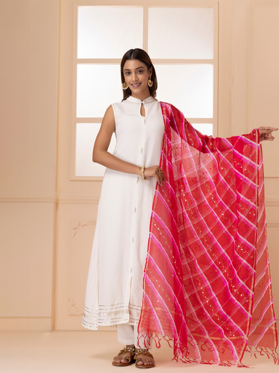 

Geroo Jaipur Handcrafted Gotta Patti Pure Kota Silk Leheriya Dupatta, Red