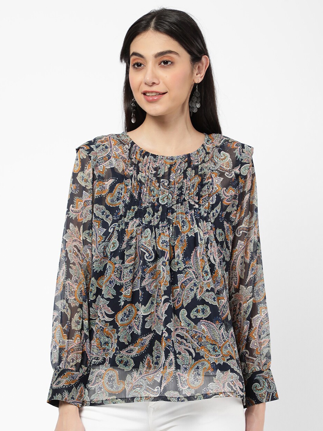 

R&B Navy Women Blue & Yellow Print Top, Navy blue
