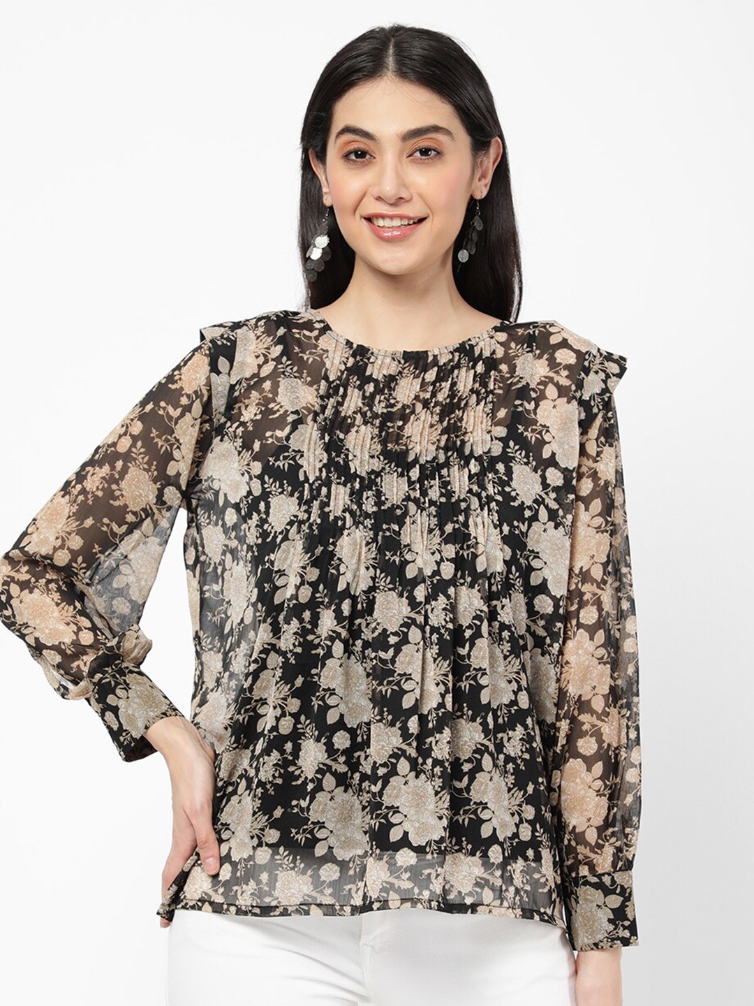 

R&B Women Black & Beige Floral Print Top