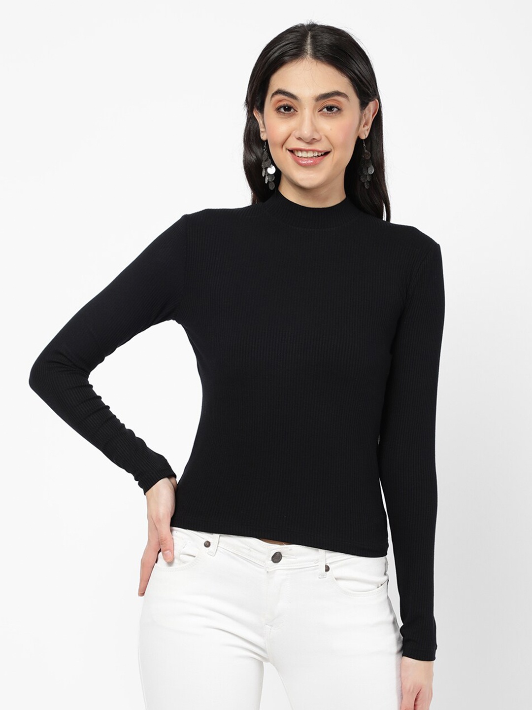 

R&B Black Solid High Neck Regular Top