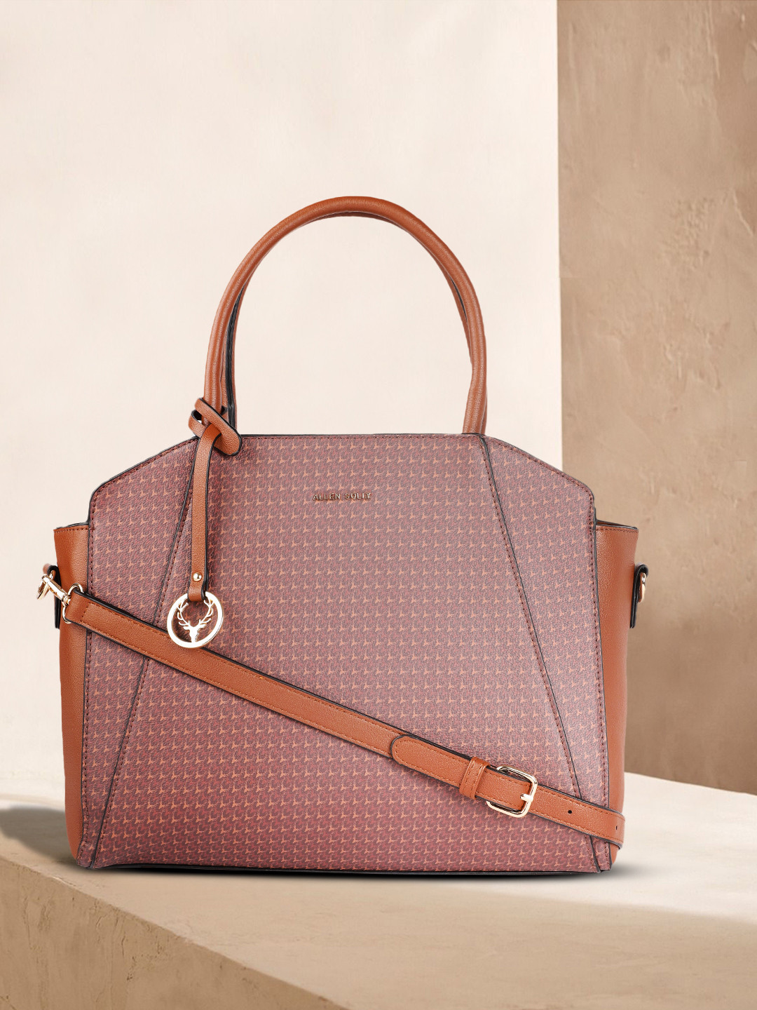 

Allen Solly Brown Brand Logo Print Structured Handheld Bag