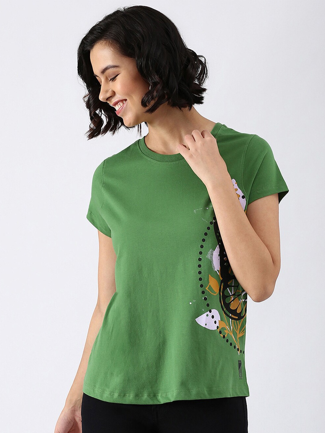 

abof Women Green Printed Pure Cotton T-shirt