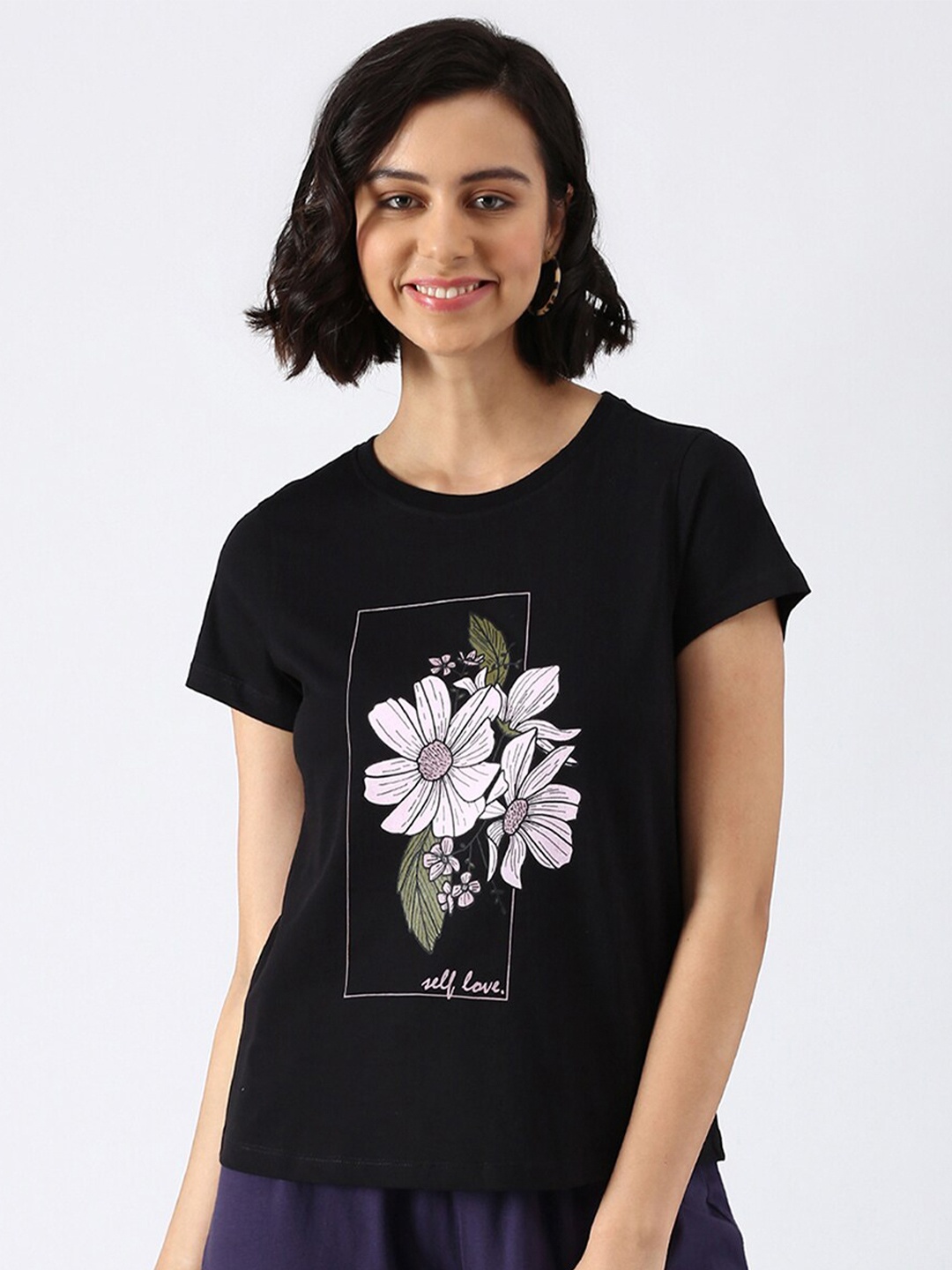 

abof Women Black Floral Printed Pure Cotton Regular Fit T-shirt