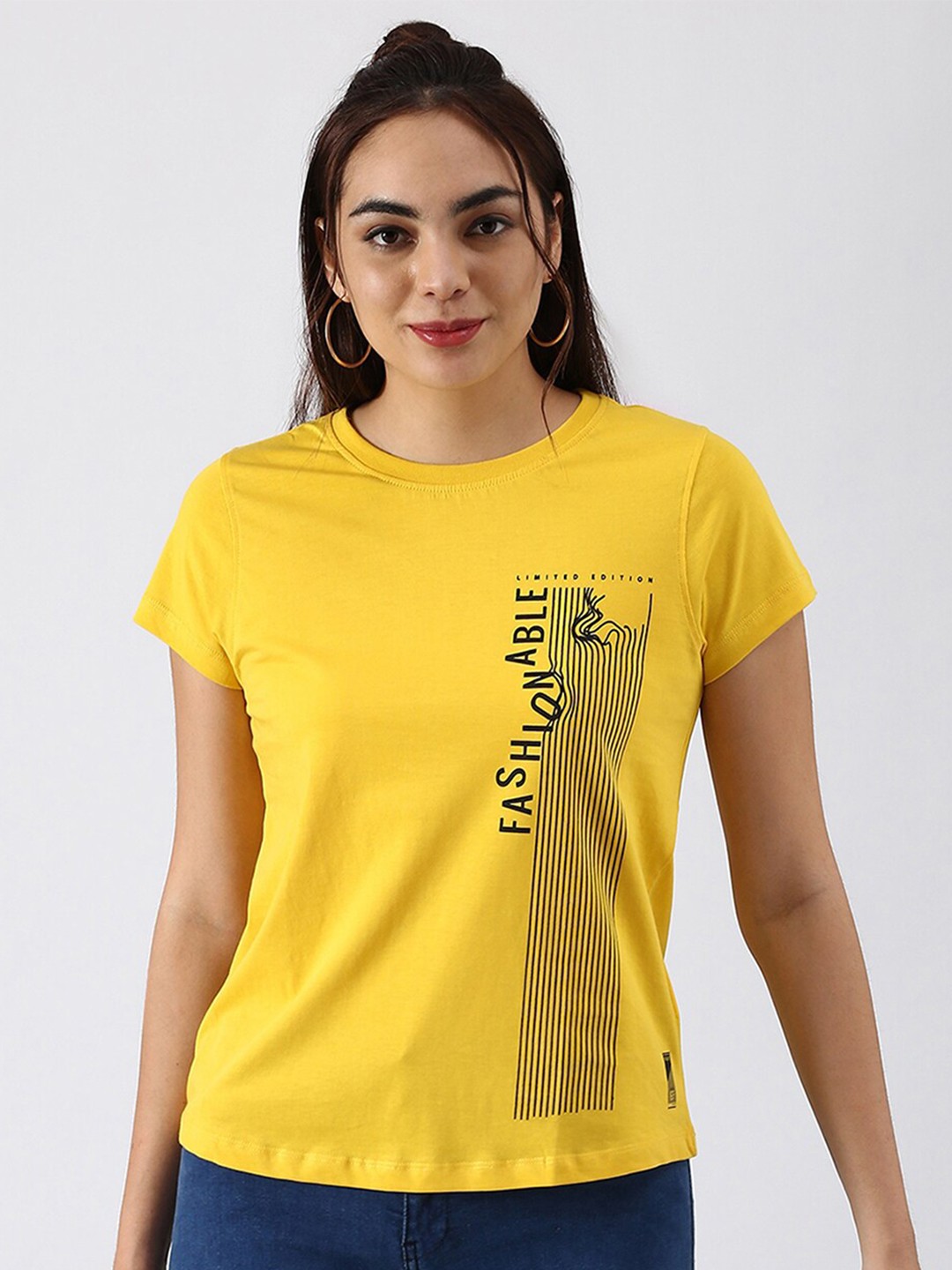 

abof Women Yellow Typography Printed Pure Cotton Regular Fit T-shirt