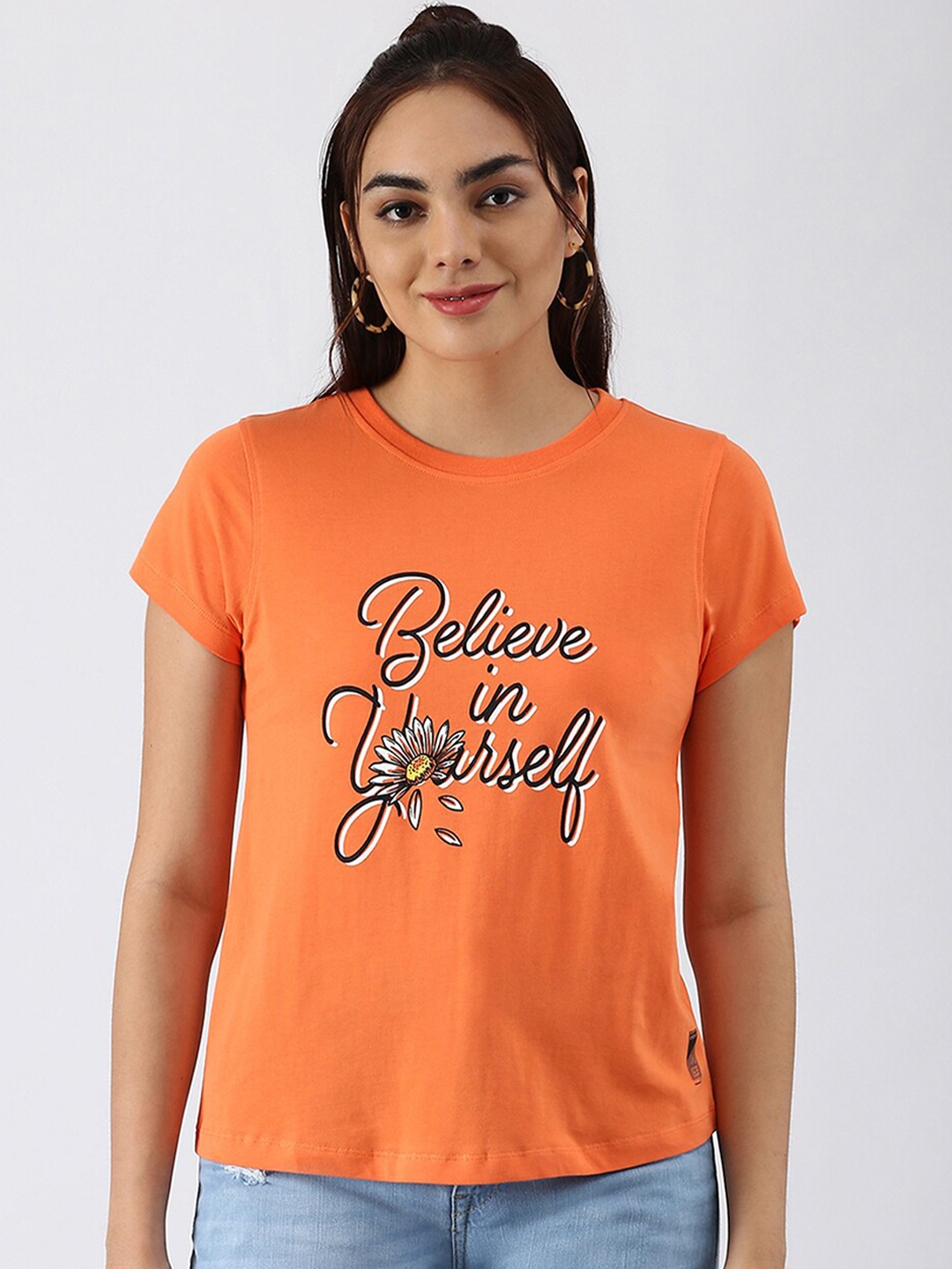 

abof Women Orange Typography Printed Pure Cotton Regular Fit T-shirt