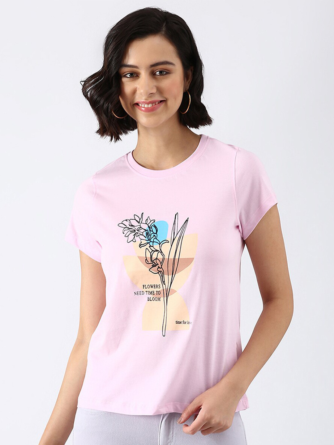 

abof Women Pink Typography Printed Pure Cotton Regular Fit T-shirt