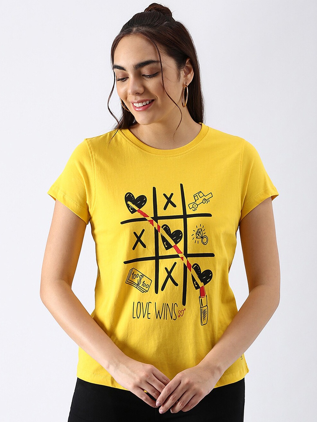

abof Women Yellow Printed Pure Cotton T-shirt