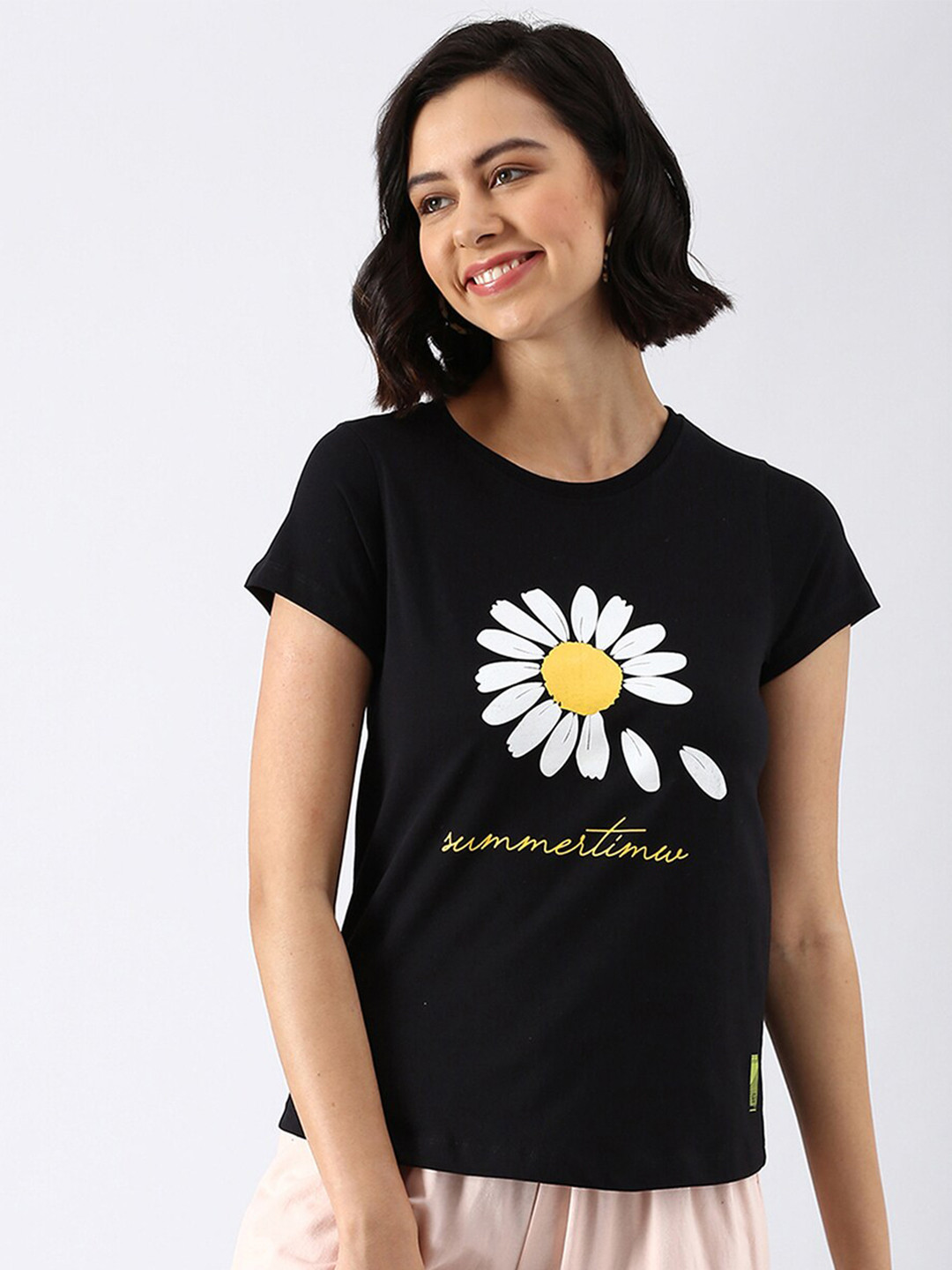 

abof Women Black Floral Pure Cotton Regular Fit T-shirt