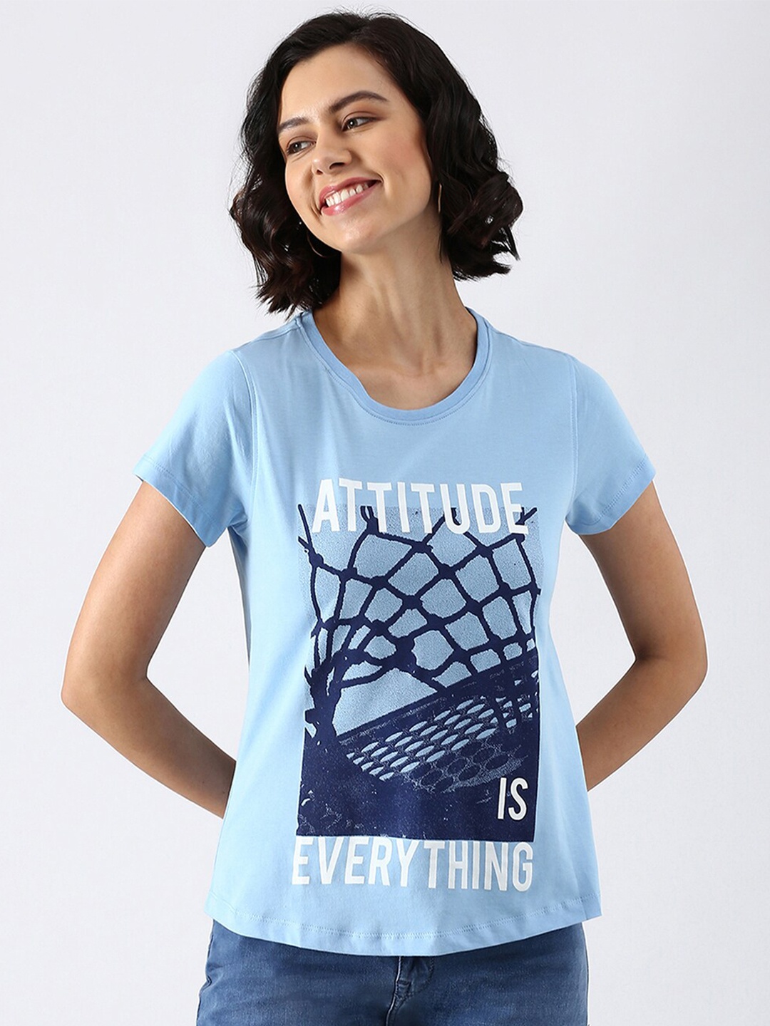 

abof Women Blue Typography Printed Pure Cotton Regular Fit T-shirt
