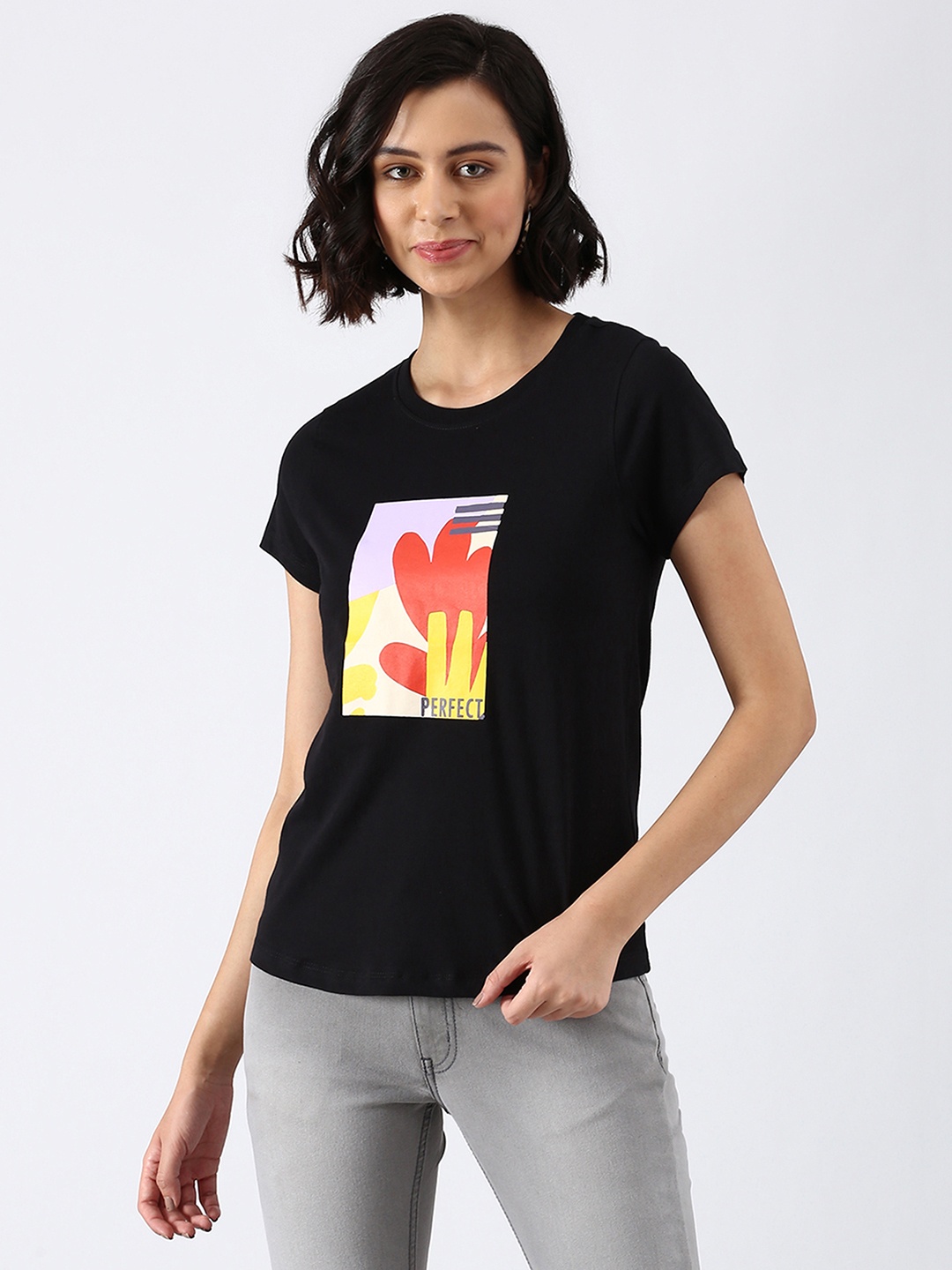 

abof Women Black Pure Cotton Regular Fit T-shirt