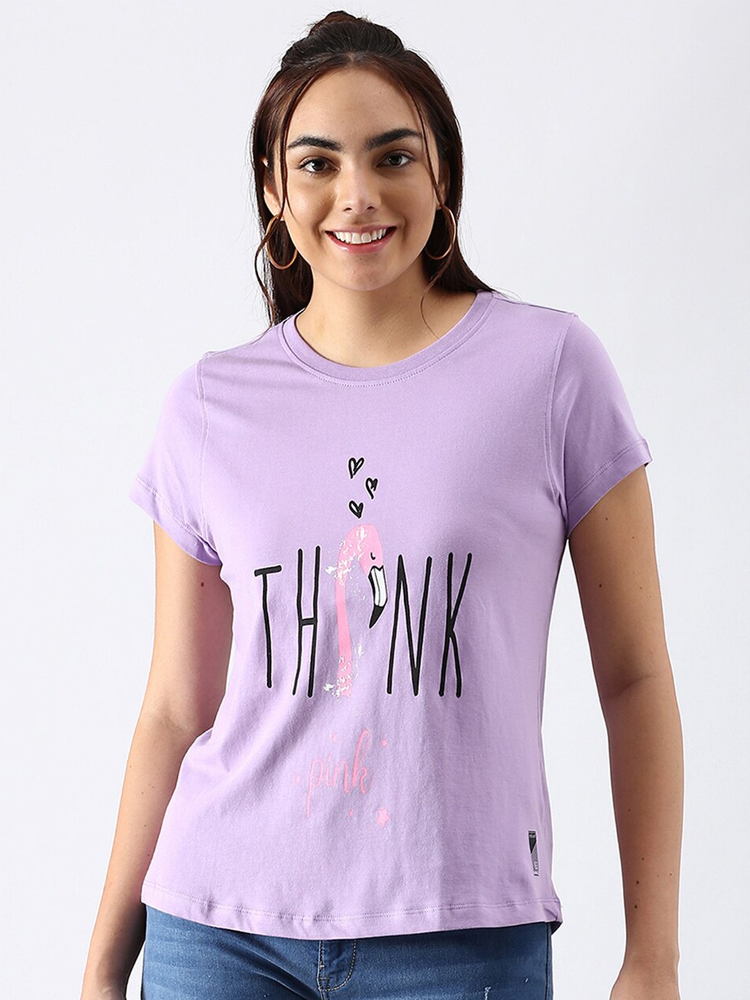 

abof Women Lavender Typography Printed Pure Cotton Regular Fit T-shirt