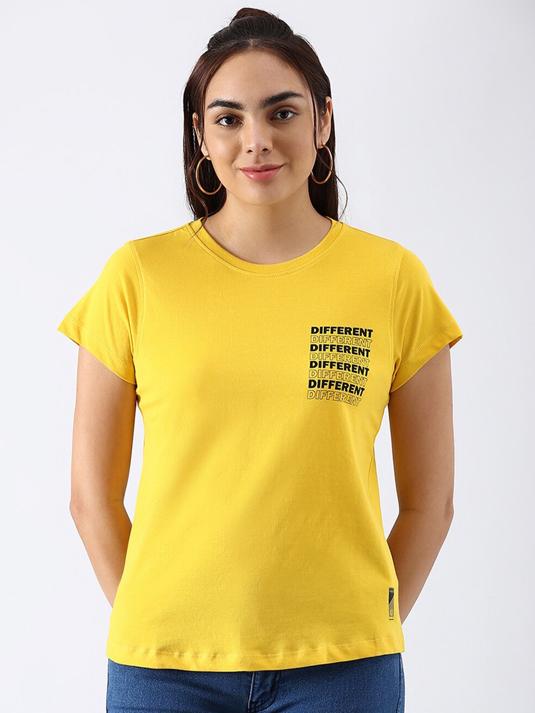 

abof Women Yellow Typography Extended Sleeves Pure Cotton Applique T-shirt