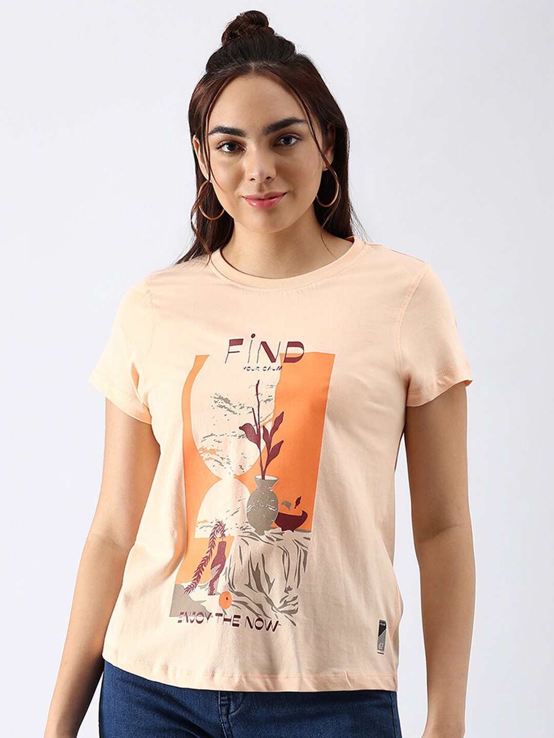 

abof Women Peach-Coloured Printed Mandarin Collar Pure Cotton T-shirt