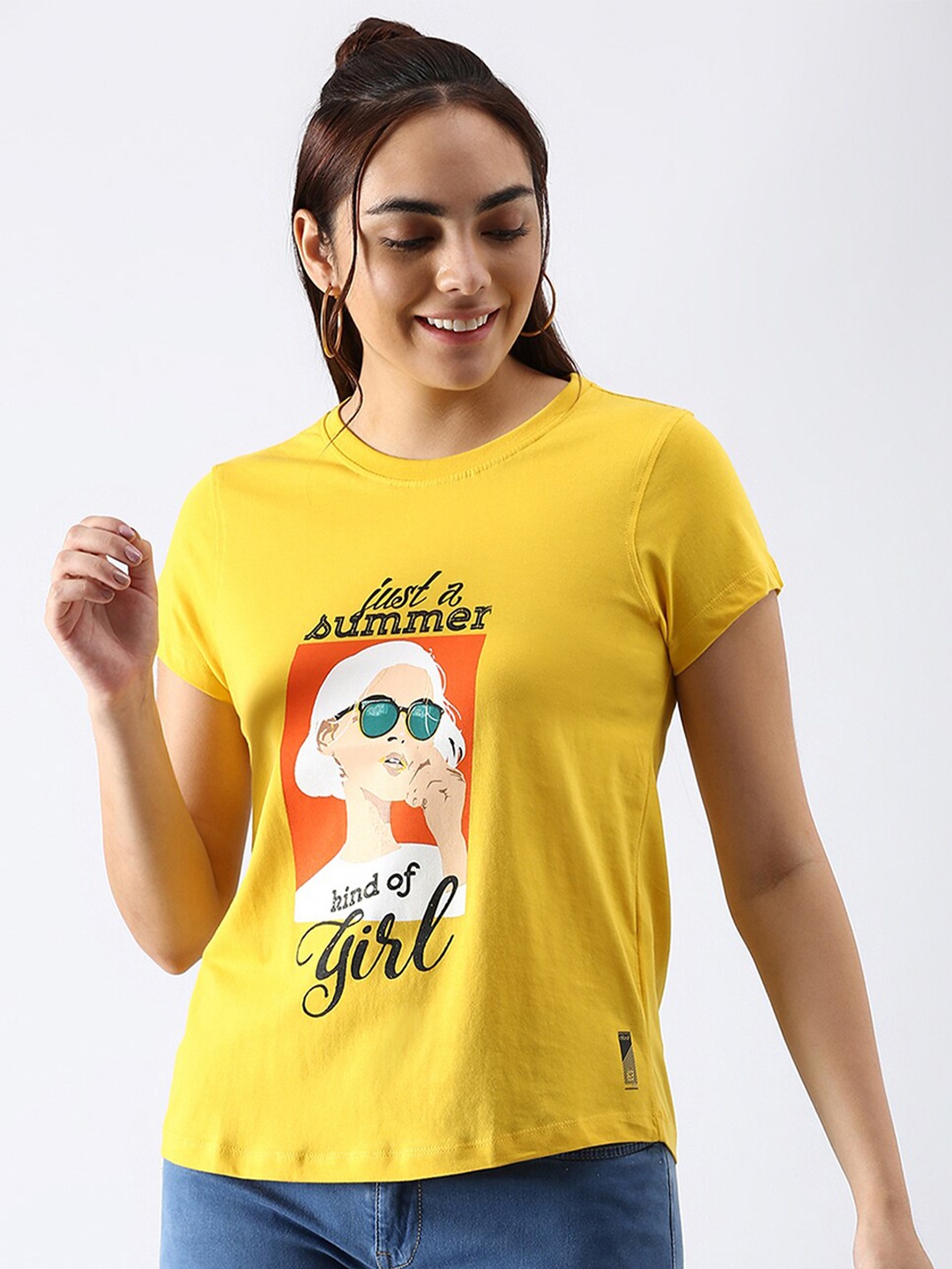 

abof Women Yellow V-Neck Pure Cotton T-shirt