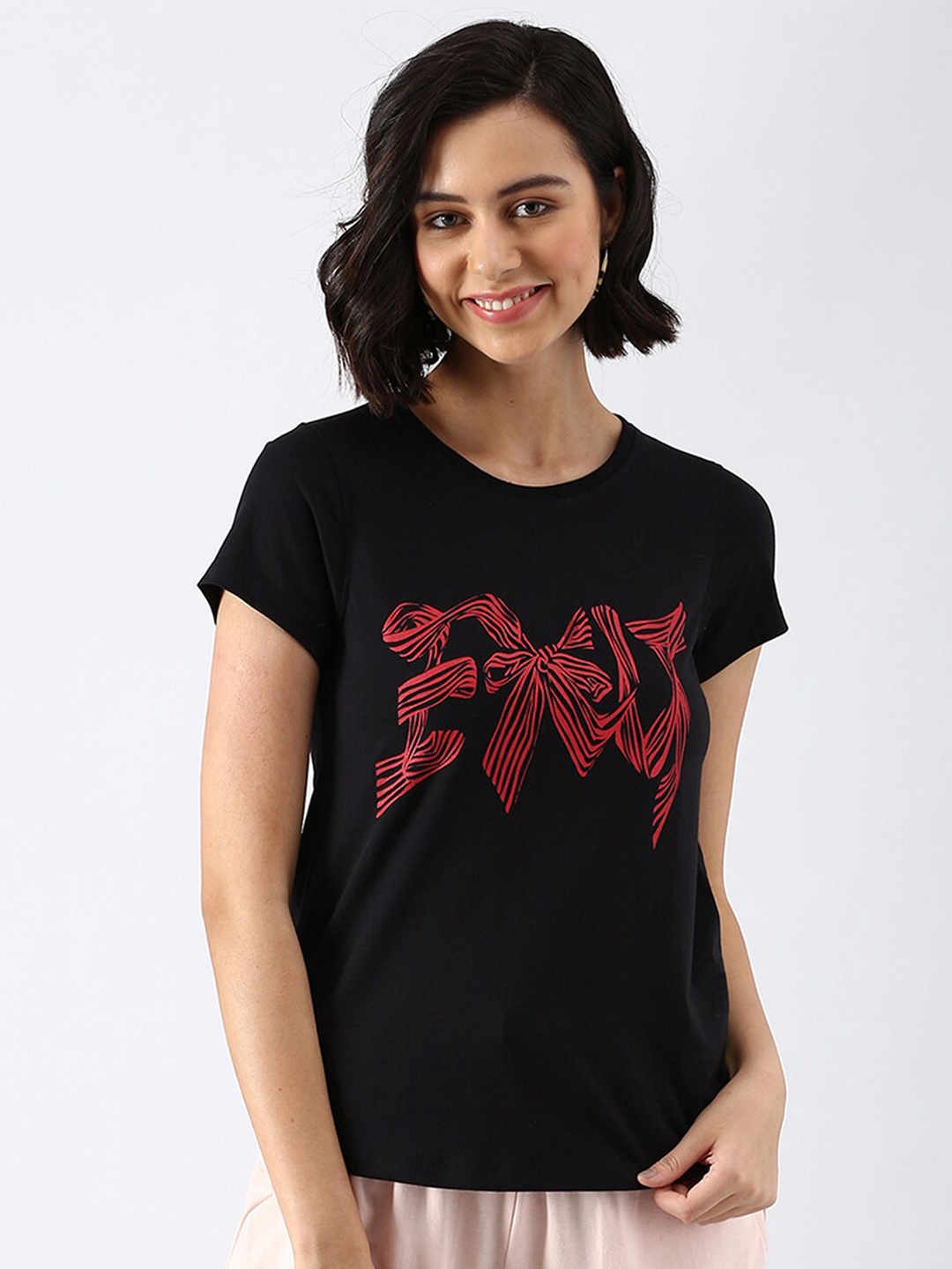 

abof Women Black Printed Extended Sleeves Pure Cotton T-shirt
