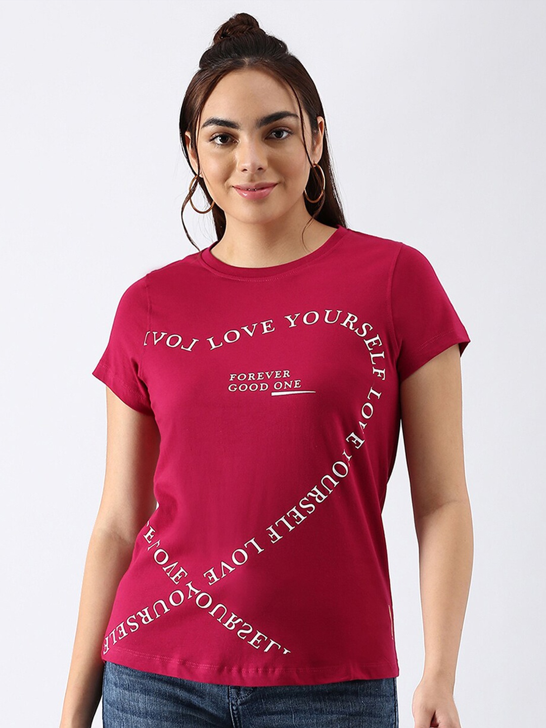 

abof Women Maroon Typography Pure Cotton Regular Fit T-shirt