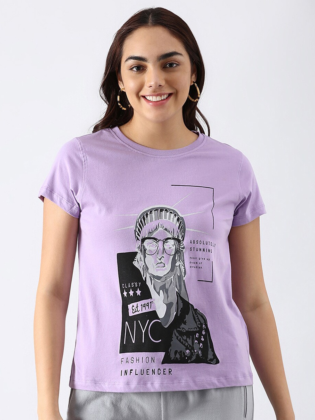 

abof Women Lavender Printed Pure Cotton Regular Fit T-shirt