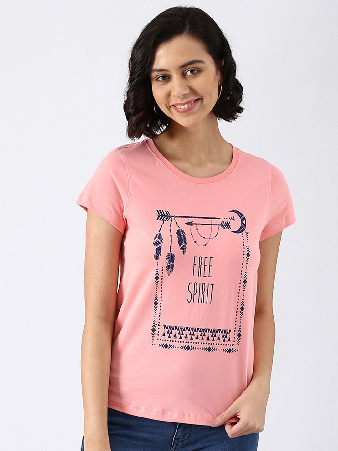 

abof Women Pink Typography Printed Pure Cotton T-shirt