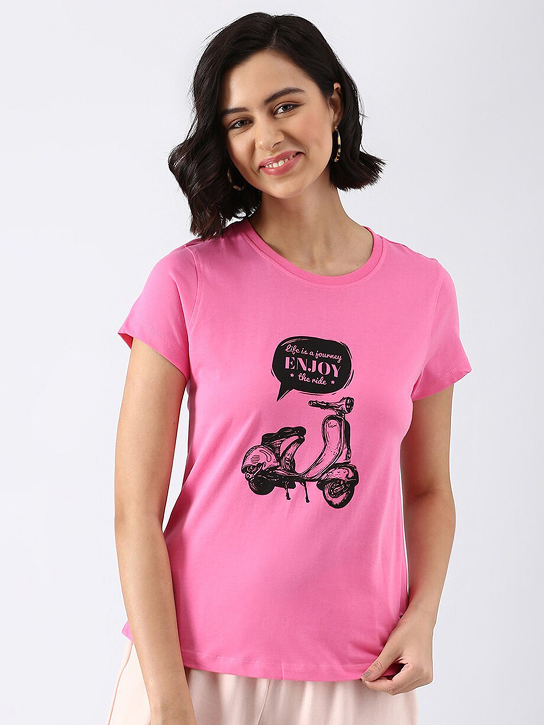 

abof Women Pink Biker Printed Pure Cotton T-shirt