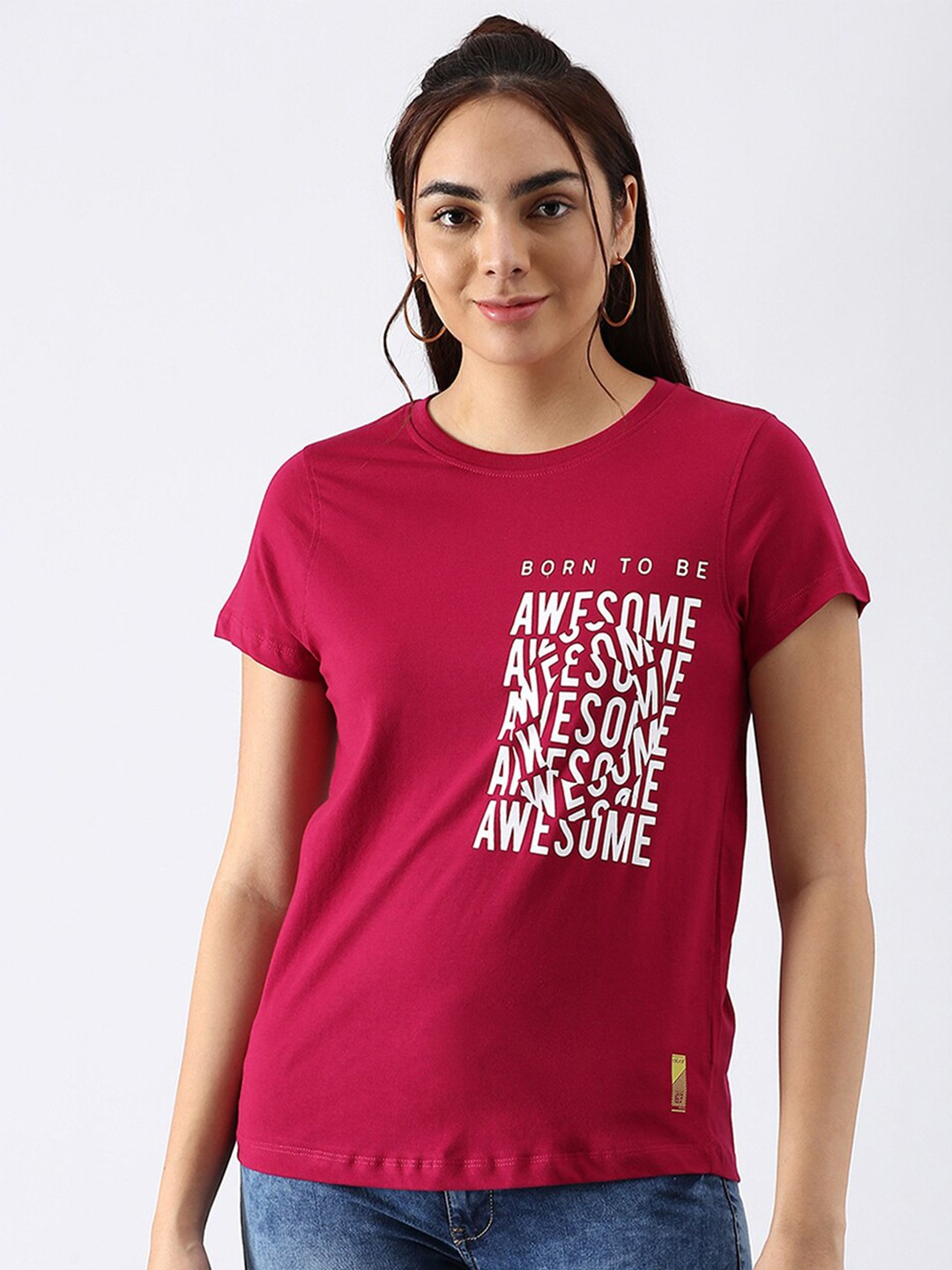 

abof Women Maroon Typography Printed Pure Cotton T-shirt
