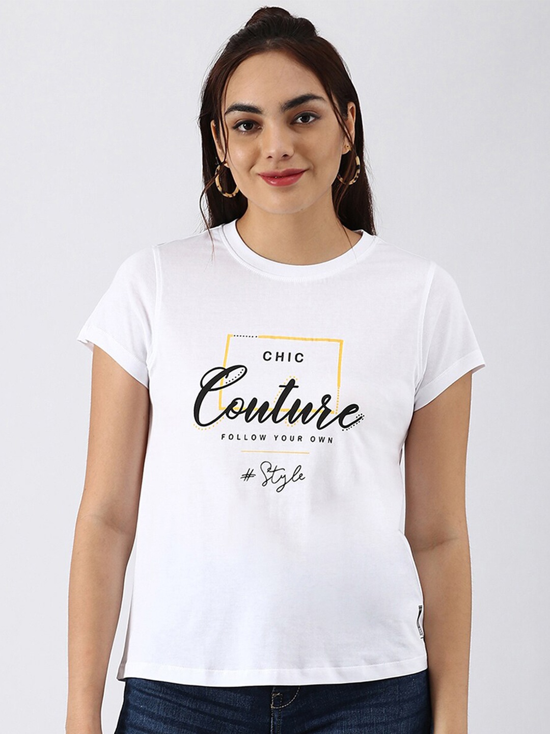 

abof Women White Typography Printed Pure Cotton T-shirt