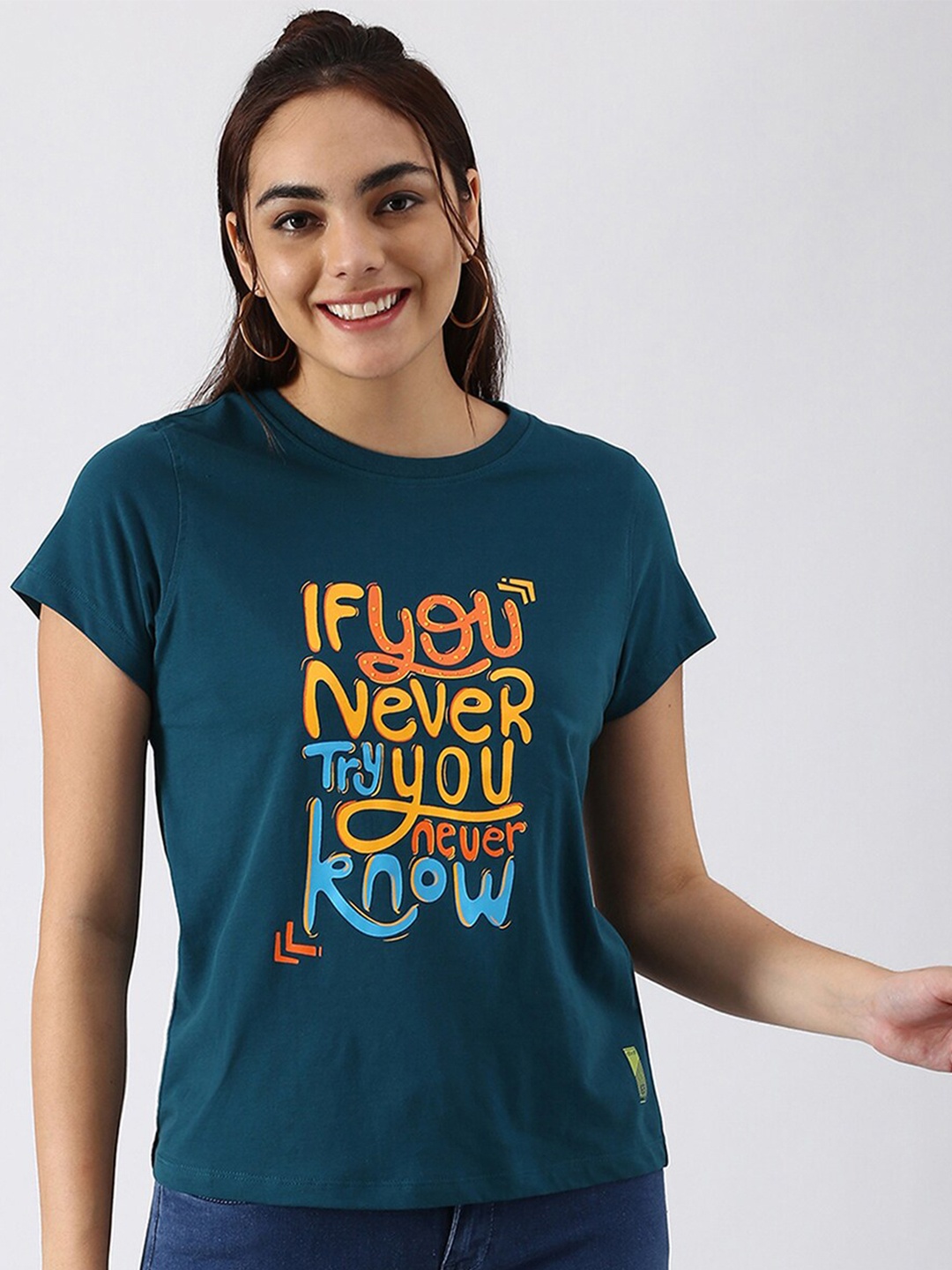 

abof Women Teal Typography Printed Pure Cotton T-shirt