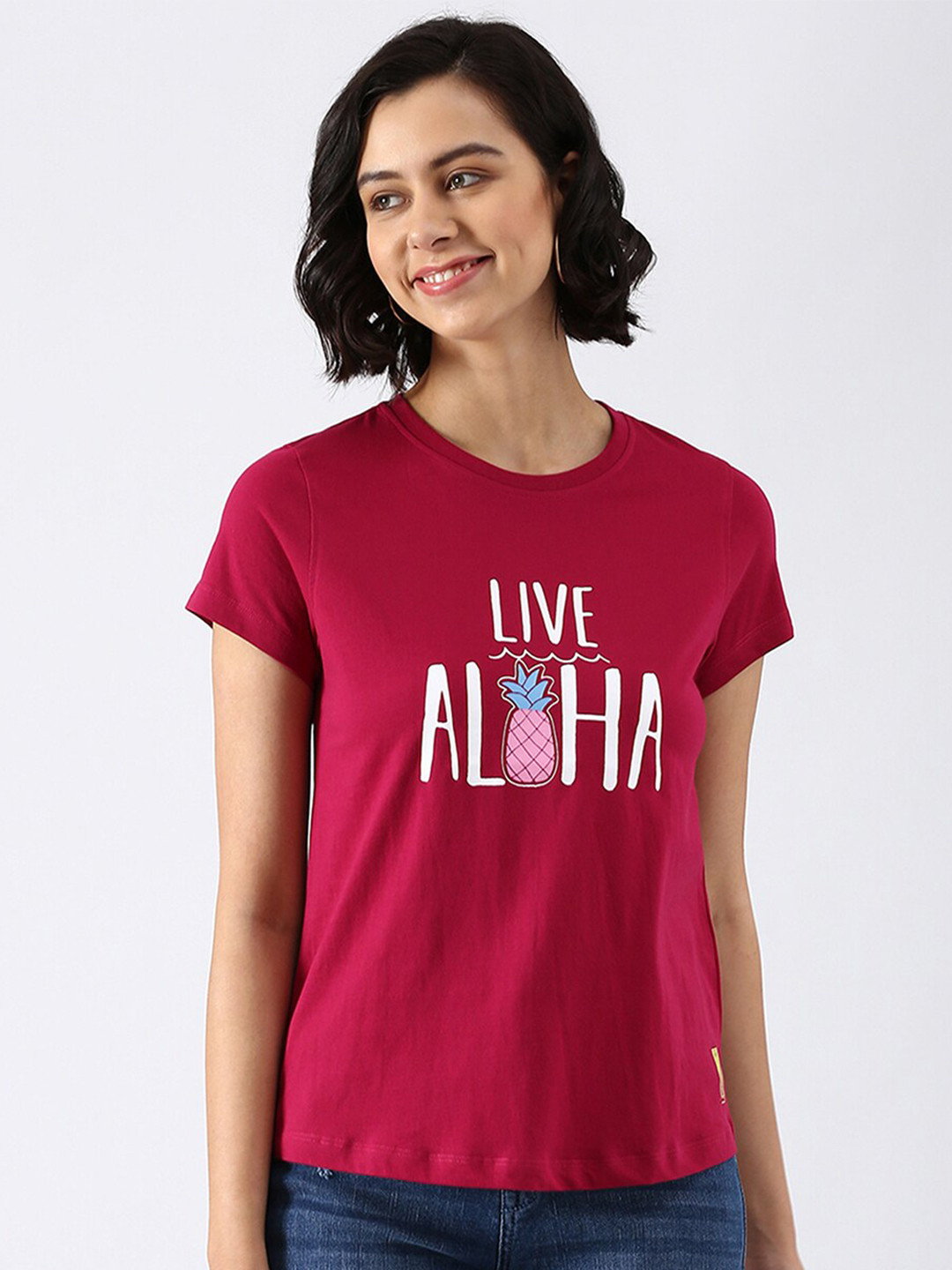 

abof Women Maroon Typography Printed Pure Cotton T-shirt