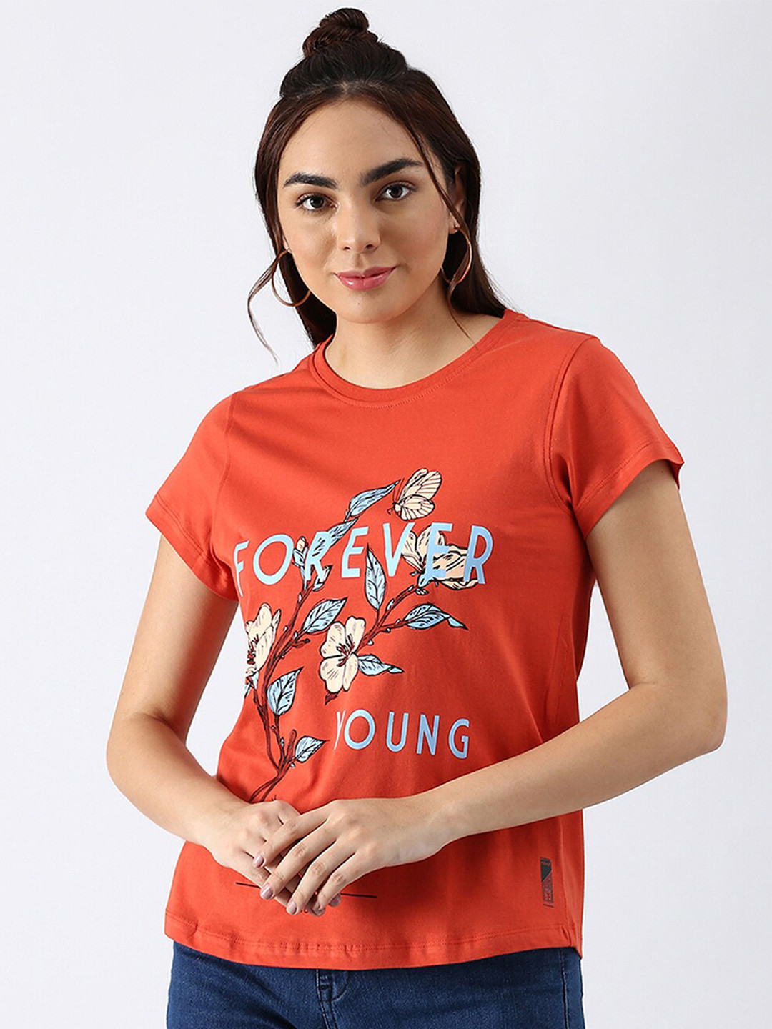 

abof Women Orange Typography Printed Pure Cotton T-shirt