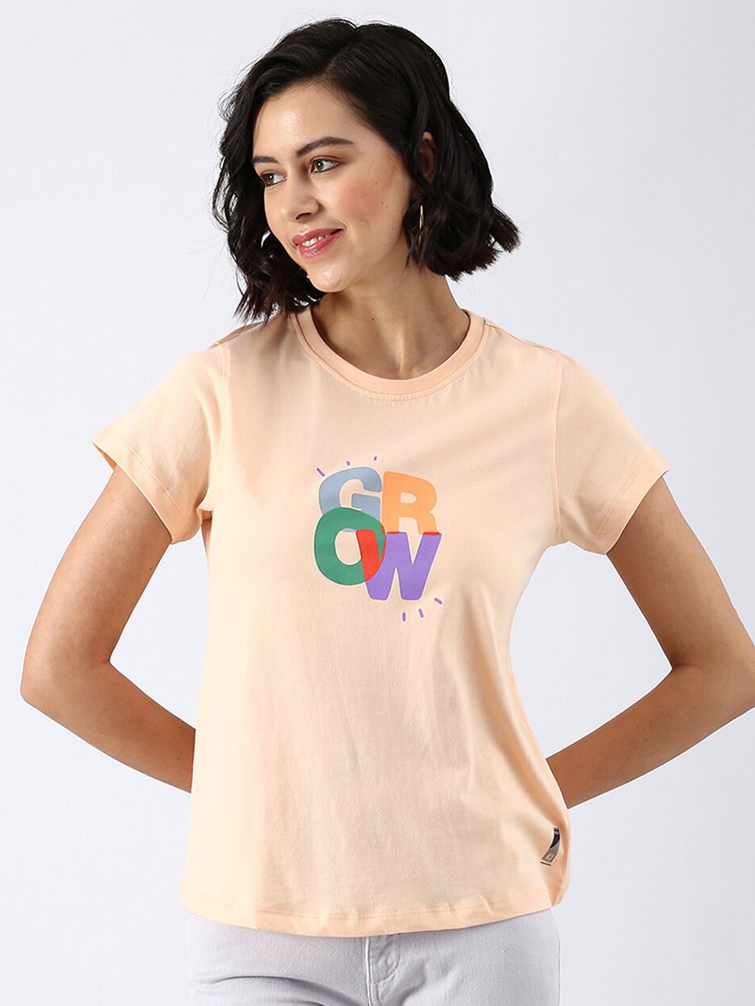

abof Women Peach-Coloured Typography Printed Pure Cotton T-shirt