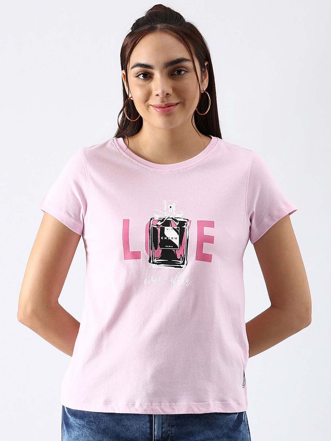 

abof Women Pink V-Neck Pure Cotton T-shirt