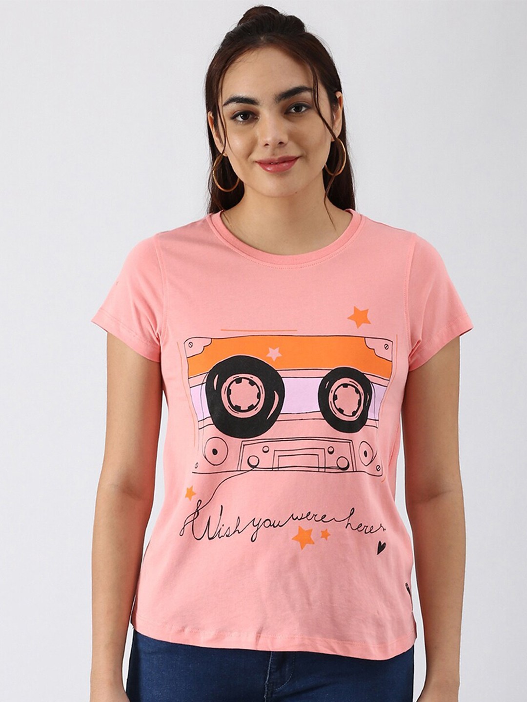 

abof Women Pink V-Neck Pure Cotton T-shirt