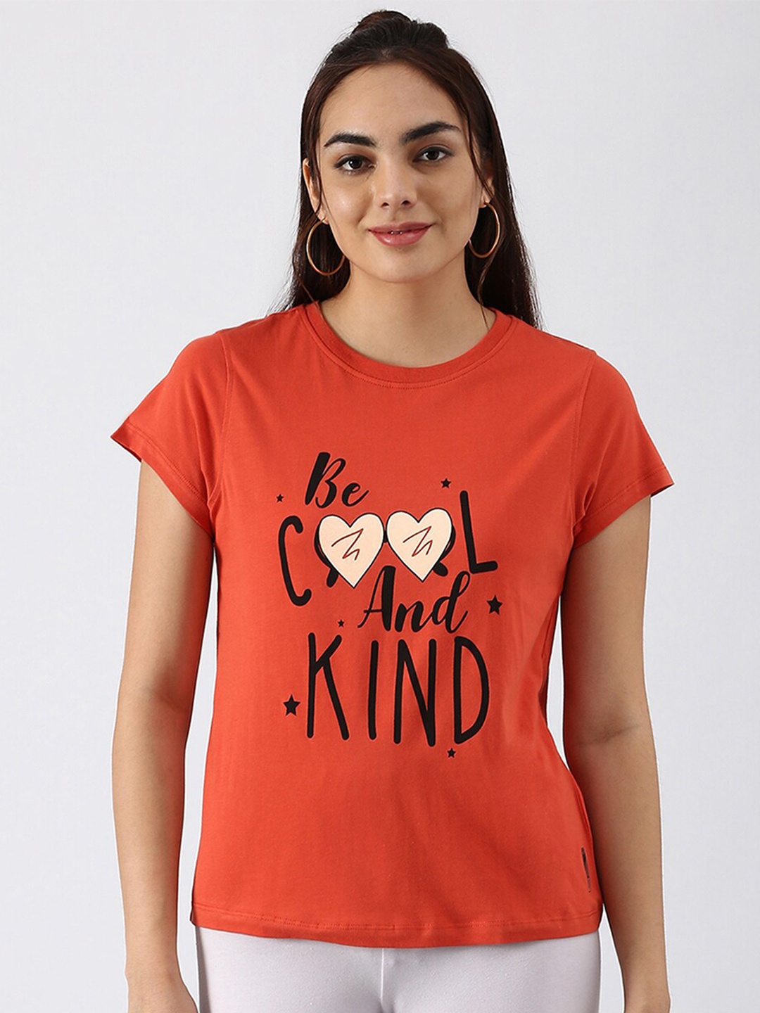 

abof Women Orange Typography Printed Pure Cotton T-shirt