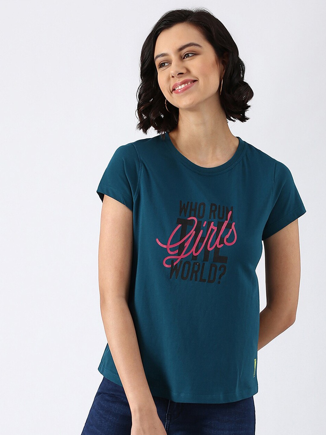 

abof Women Teal Typography Printed Pure Cotton T-shirt