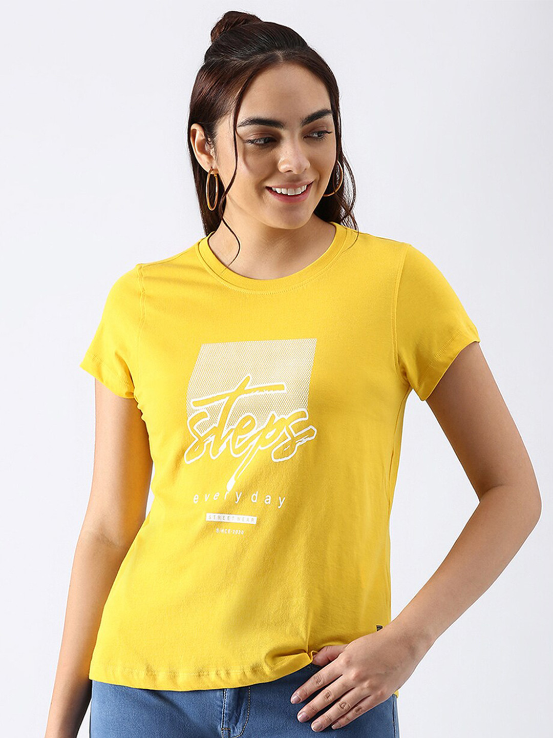

abof Women Yellow Typography Printed Pure Cotton T-shirt