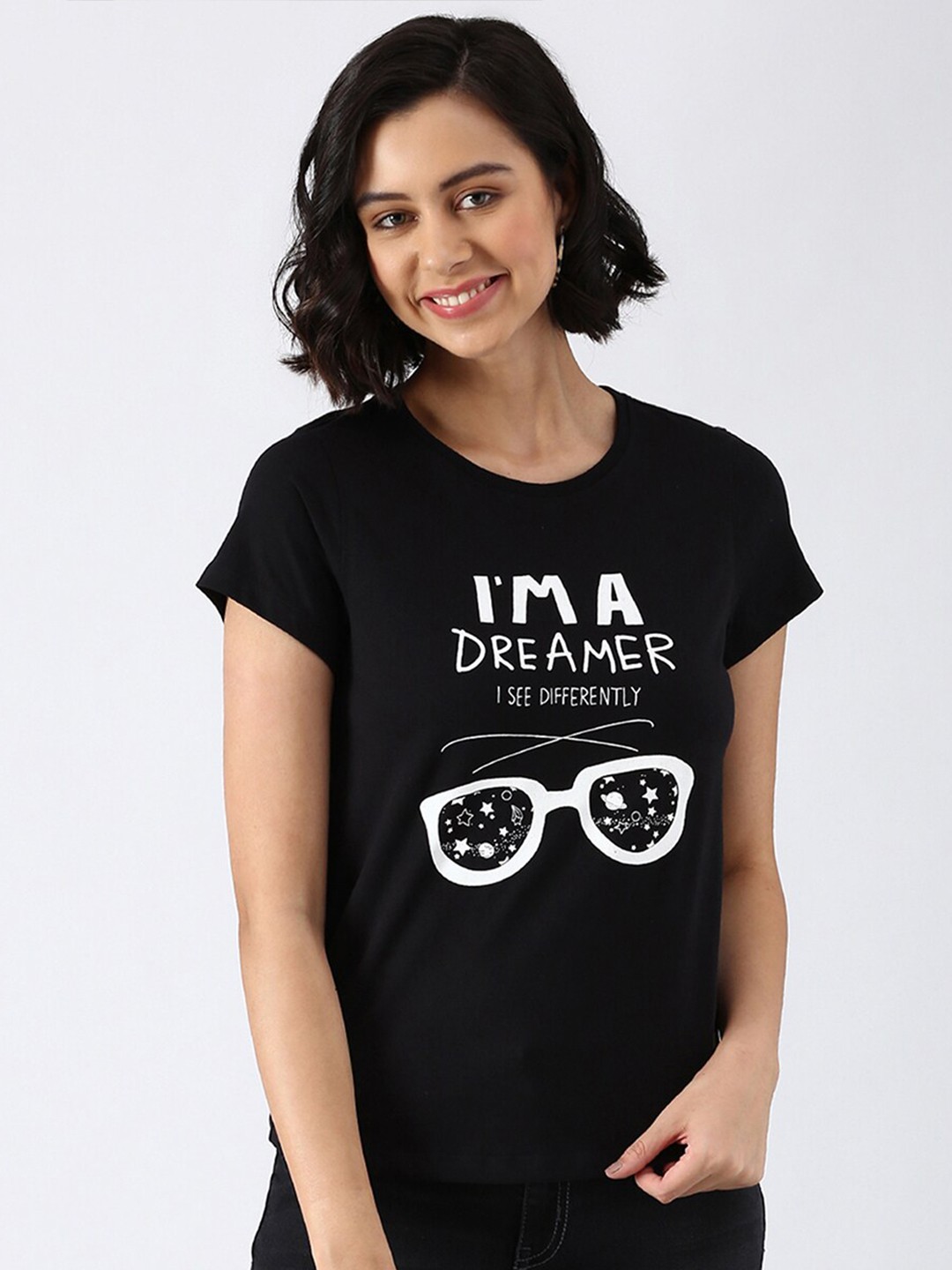 

abof Women Black Typography Printed Pure Cotton T-shirt