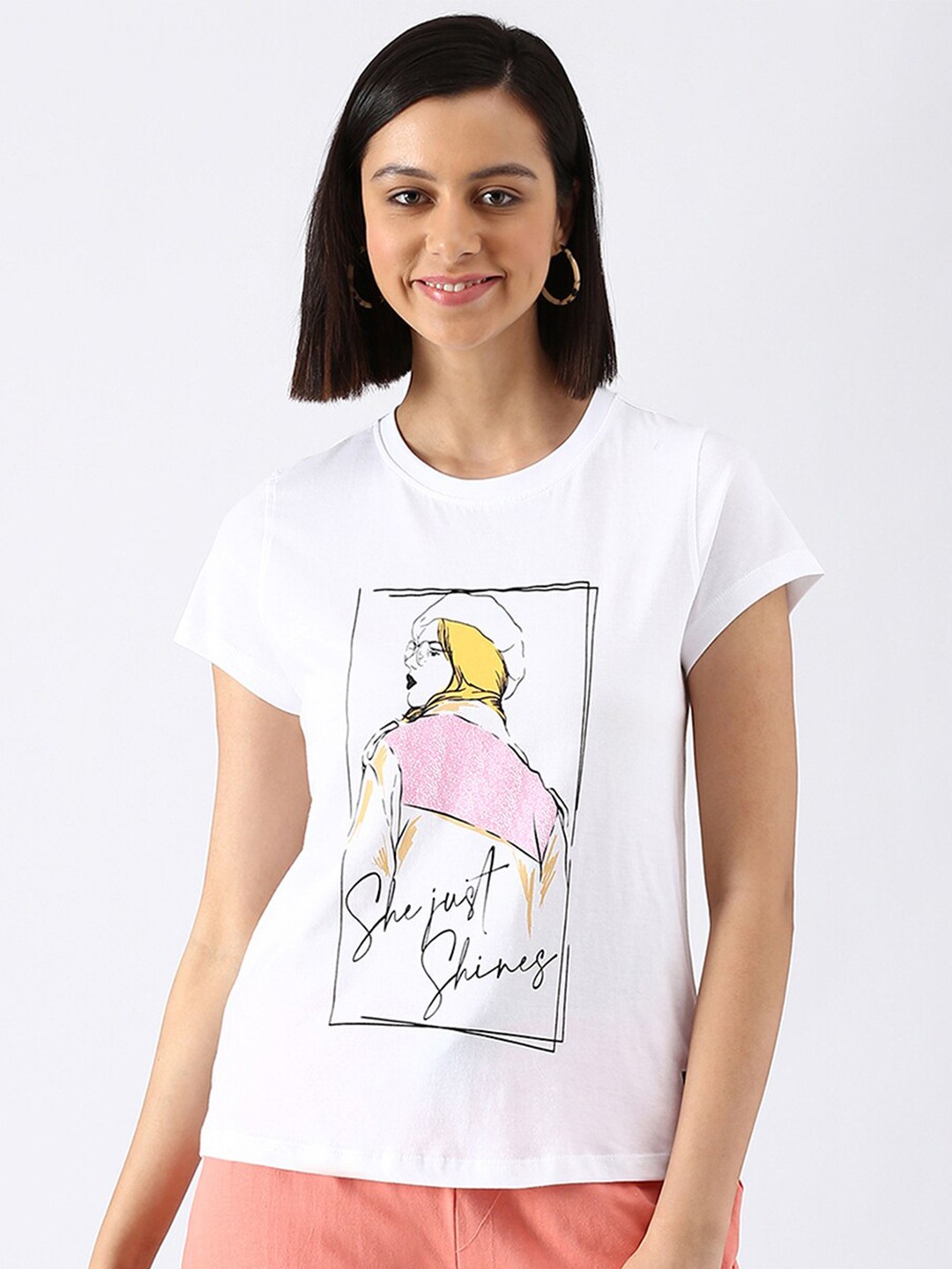 

abof Women White Printed Pure Cotton T-shirt