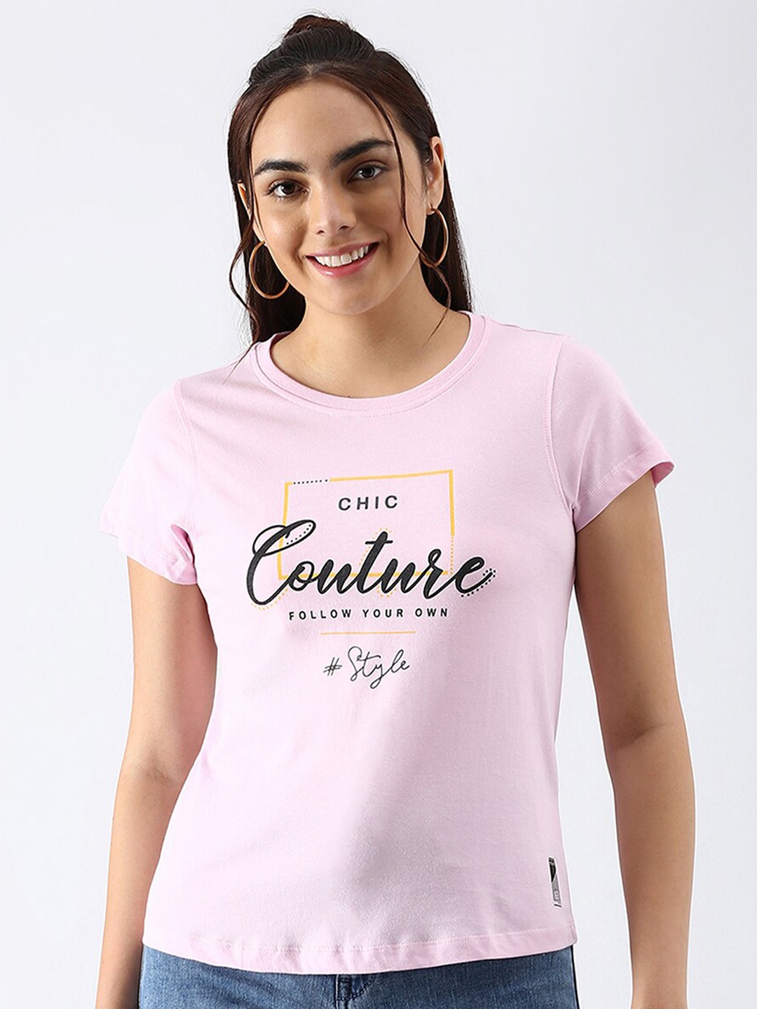

abof Women Pink Typography Printed Pure Cotton T-shirt