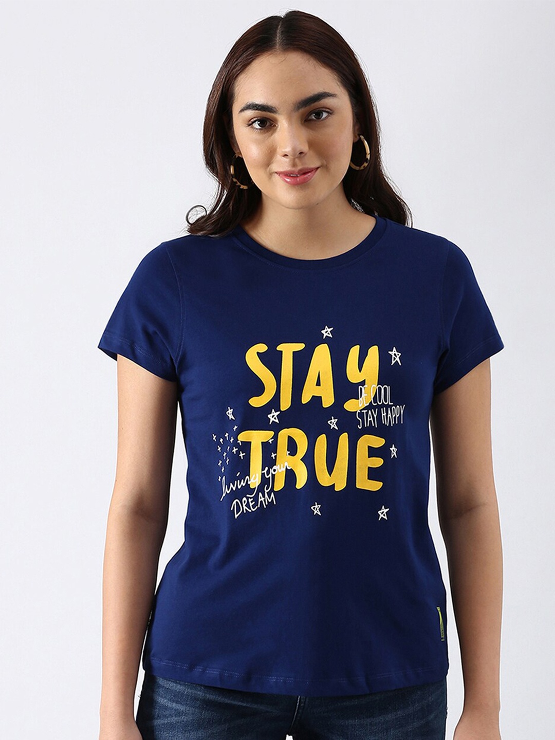 

abof Women Navy Blue Typography Printed Pure Cotton T-shirt