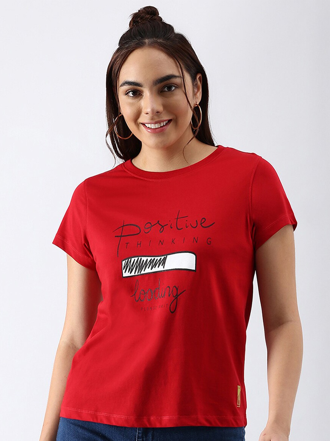 

abof Women Red Typography Printed Pure Cotton T-shirt