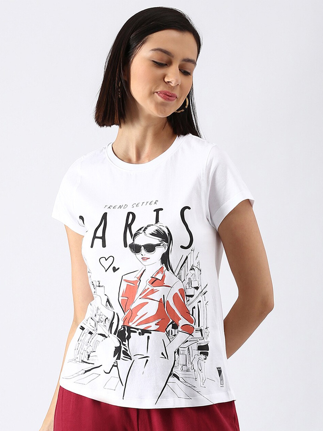 

abof Women White Printed Pure Cotton T-shirt
