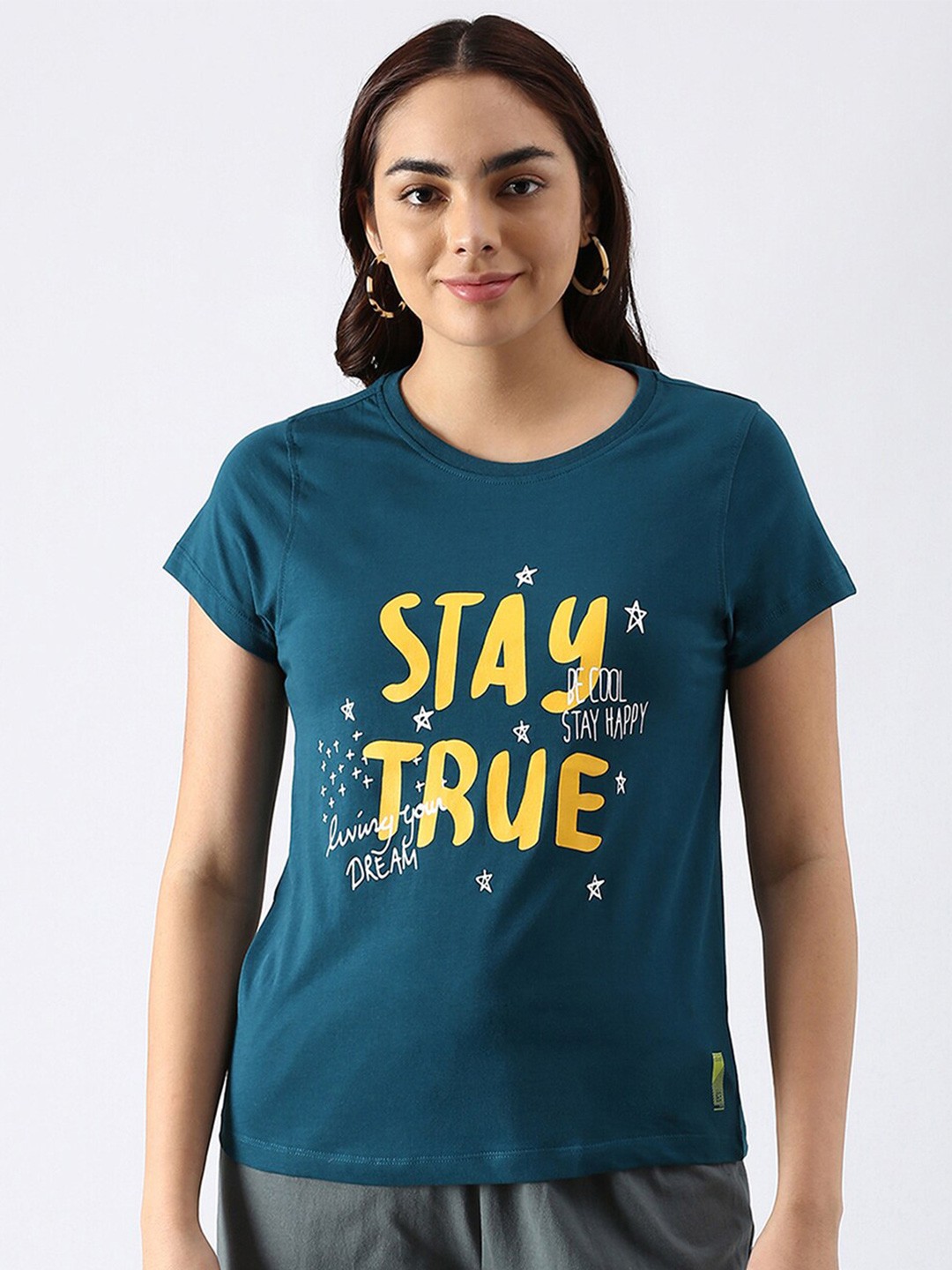 

abof Women Teal Typography Printed Pure Cotton T-shirt