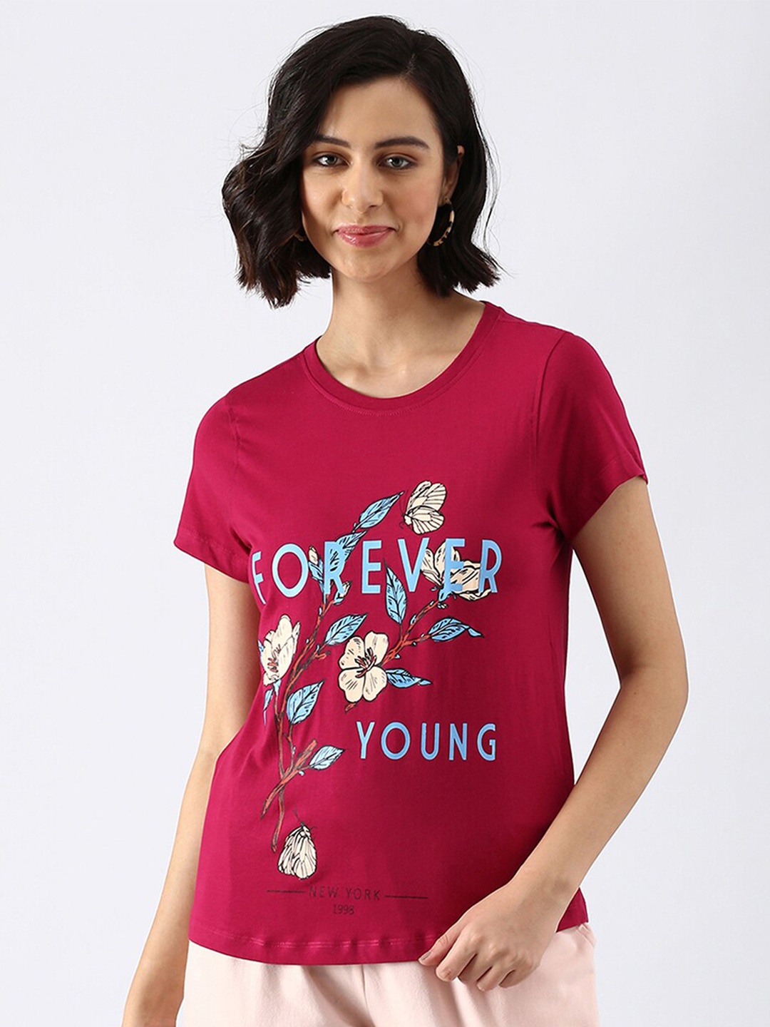 abof Women Maroon Typography Printed Pure Cotton T-shirt