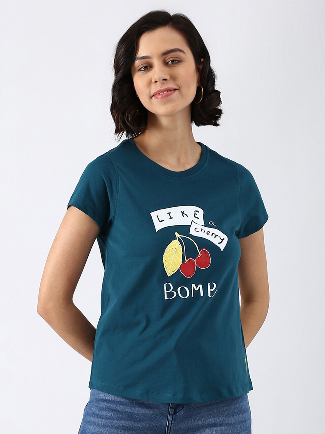 

abof Women Teal Typography Printed Pure Cotton T-shirt