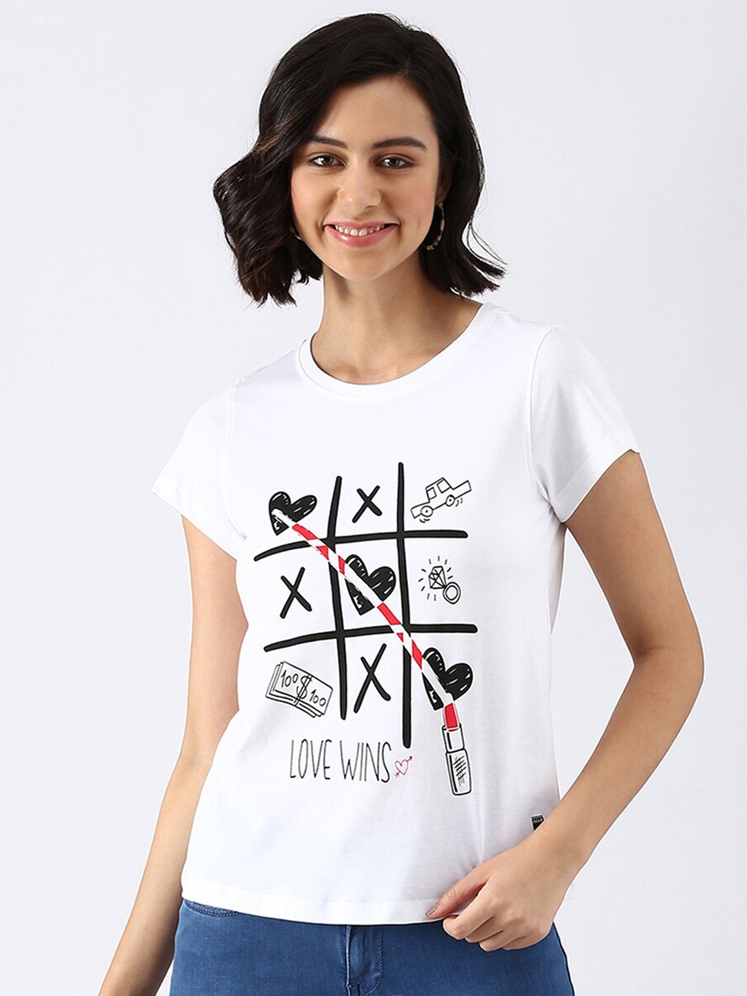 

abof Women White Printed Pure Cotton T-shirt